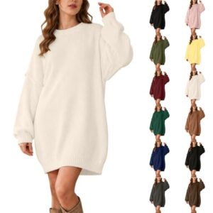 Generisch Pulloverkleid Damen Oversize Winterkleider Strickkleid Damen Winter – Pulloverkleid Damen Rundausschnitt Elegant Lässig Warm Pullikleid lockere Freizeitkleid für Herbst Winter Strickkleid