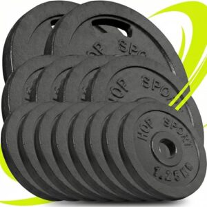Hop-Sport Gusseisen Hantelscheiben Set 30 kg, 31 mm, ideal für Standard 30mm Langhantelstangen, Robuste Gewichtsscheiben für Fitness- und Krafttraining (8×1.25kg, 4×2.5kg, 2x5kg)
