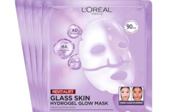 L’Oréal Paris Glass Skin Hydrogel 4er Maskenbox, für aufgepolsterte & glowy Haut, feuchtigkeitsspendend & glättend, [mit Hyaluronsäure], Revitalift Filler, Vorteilsset, 100g