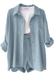 CheChury Zweiteiler Damen Sommer Musselin Bluse Hemd Hosen Langarm Freizeitanzug Y2K Hosenanzug Aesthetic Mode Lässige 2 Teiler Luftig Sportanzug Taschen Strand Outfit Leicht Atmungsaktiv Loungewear