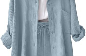 CheChury Zweiteiler Damen Sommer Musselin Bluse Hemd Hosen Langarm Freizeitanzug Y2K Hosenanzug Aesthetic Mode Lässige 2 Teiler Luftig Sportanzug Taschen Strand Outfit Leicht Atmungsaktiv Loungewear