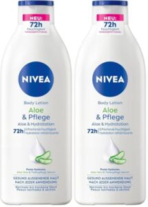 NIVEA Body Lotion Aloe & Pflege, Körpercreme mit Tiefenpflege Serum für 72h Feuchtigkeit, Körperlotion mit purem Hyaluron und Aloe Vera natürlichen Ursprungs(400 ml) (Packung mit 2)