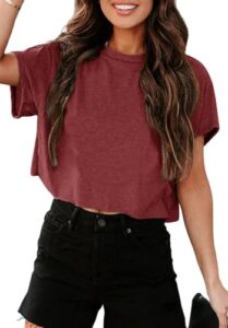 Tankaneo Damen Crop Top Oversize Sport T Shirt Rundhals,Weinrot,M
