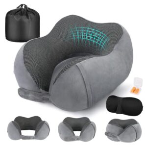 Cirorld Nackenkissen Flugzeug, Nackenhörnchen Erwachsene, Reisekissen Memory Foam, Verstellbares Kompaktes Nackenkissen Reise, Ergonomisches Weich Atmungsaktiv mit Ohrstöpseln, Augenmaske,Tragetasche
