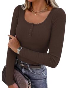 Langarmshirt Damen Braunes Oberteil Henley Shirt Spitze Baumwolle Winter