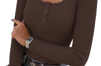 Langarmshirt Damen Braunes Oberteil Henley Shirt Spitze Baumwolle Winter