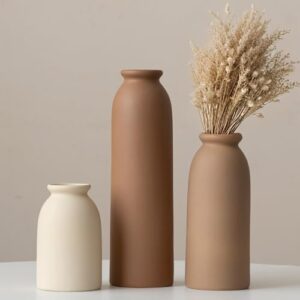 Keramik Vasen 3er-Set, Earth Tone, Kleine Blumenvasen für Pampas Gras und Getrocknete Blumen, Moderne Rustikale Bauernhaus Deko für Regal, Tisch, Bücherregal (Earth Tone L)