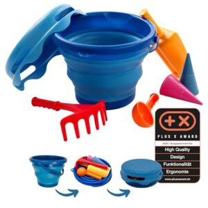Schildkröt 7in1 Sand Toys Set, innovatives Sand-Spielset im Handtaschenformat, kompakt und platzsparend, Faltbarer 3 Liter Eimer mit 6 Sandspielzeugen zum Graben, Formen, Sieben und Rechen, 970244