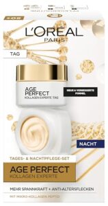 L’Oréal Paris Gesichtspflegeset, Anti-Aging Tag und Nacht Feuchtigkeitspflege für straffere Haut, mit Kollagen-Peptid, Age Perfect Kollagen Experte Gesichtscremes, 2 x 50ml