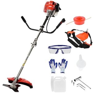 2in1 Benzin Motorsense mit Tragegurt, 52cc 2-Takt Freischneider Benzin mit Antivibrationssystem, 28cm Schnittbreite, Leistungsstark, Rasentrimmer für Garten und Feld 2,2 kW/8500 U/min (Rot)