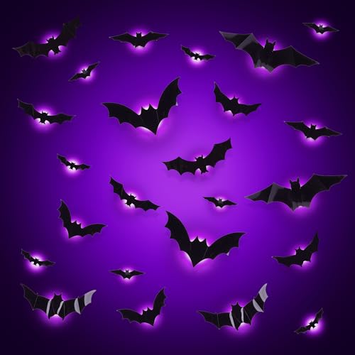 Halloween Deko, 24 Stück 3D Fledermaus Deko Mit LED, Deko Halloween Outdoor Innen, Wandaufkleber Halloween Dekoration Set Für Garten Fenster, Tür (Lila)
