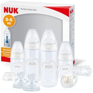 NUK Perfect Start First Choice+ Babyflaschen-Set | 0–6 Monate | 4 x Flaschen mit Temperaturkontrolle, Schnuller, Flaschenbürste & mehr | grau & weiß | 10-teilig