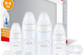 NUK Perfect Start First Choice+ Babyflaschen-Set | 0–6 Monate | 4 x Flaschen mit Temperaturkontrolle, Schnuller, Flaschenbürste & mehr | grau & weiß | 10-teilig