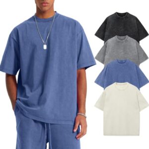 SnowElve Herren Oversized T-Shirt Pack Rundhals Basic Kurzarm Oberteil Sommer Retro Washed Top Vintage Casual Tee Shirts