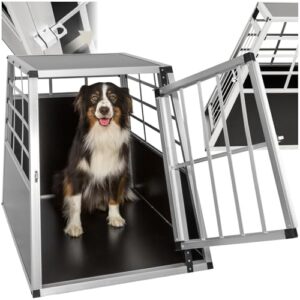 tectake® Hundebox Auto oder Hundebox für Zuhause, Aluminium Hundetransportbox, leicht und stabil, Auto Kofferraum Transportbox für Hunde – 65 x 90 x 69,5cm (Single Groß)