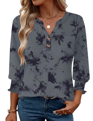 Rapbin Bluse Damen Basic V-Ausschnitt 3/4 Ärmel Knopfleiste Tunika Elegant Homeoffice Business Lässiges Shirt(Graues Blumenmuster,XL)
