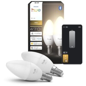 Philips Hue Smart LED-Leuchtmittel, B39, E14, 2er Pack, Warmes Weißlicht 2.700 K, 470 lm, Niedrig Dimmbar, Alexa, Google Home, Apple Home