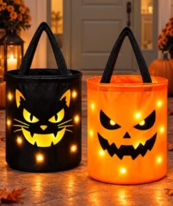 2 Stück LED Leuchte Halloween Eimer für Süßigkeiten, Kürbis Candy Bag