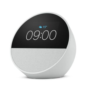 Zertifiziert und generalüberholt Amazon Echo Spot (2024), smarter Wecker mit sattem Klang und Alexa, Weiß