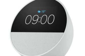 Zertifiziert und generalüberholt Amazon Echo Spot (2024), smarter Wecker mit sattem Klang und Alexa, Weiß