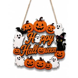 Halloween Türkranz Halloween Deko aus Holz mit Kürbis Geist und Katze
