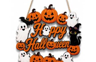 Halloween Türkranz Halloween Deko aus Holz mit Kürbis Geist und Katze