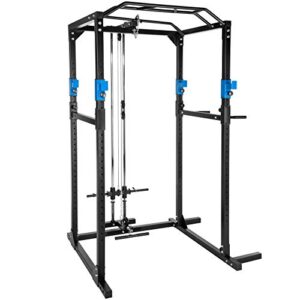 tectake® Kraftstation, mit Latzugmaschine, Fitnessstation, Power Rack, Power Cage, Klimmzugstange, Kraftraining, Home Gym, Trainingsgerät, Fitnesssgerät – schwarz/blau