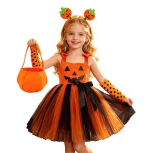 Halloween Kostüm Mädchen Kürbis Set, Kürbis Kostüm Kinder Tüllkleid Kürbiskostüm Orange Kleid Kostüme Pumpkin Tüll Rock Set Costume Faschingskostüme Festlich Outfits für Halloween Karneval Cosplay