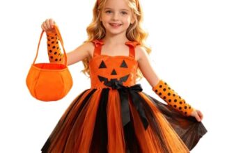Halloween Kostüm Mädchen Kürbis Set, Kürbis Kostüm Kinder Tüllkleid Kürbiskostüm Orange Kleid Kostüme Pumpkin Tüll Rock Set Costume Faschingskostüme Festlich Outfits für Halloween Karneval Cosplay