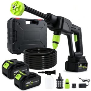 Akku Hochdruckreiniger,Max.35 Bar,6L/Min,48VF Tragbarer Hochdruckreiniger,Mobiler Hochdruckreiniger mit 2 Akku,Ladegerät, 6-in-1-Düse und 5M-Schlauch, Tragbarer Pistole für Auto,Garten,Zäunen,Haushalt