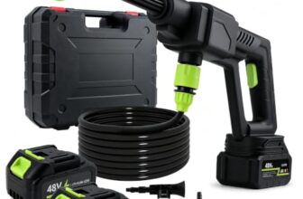 Akku Hochdruckreiniger,Max.35 Bar,6L/Min,48VF Tragbarer Hochdruckreiniger,Mobiler Hochdruckreiniger mit 2 Akku,Ladegerät, 6-in-1-Düse und 5M-Schlauch, Tragbarer Pistole für Auto,Garten,Zäunen,Haushalt