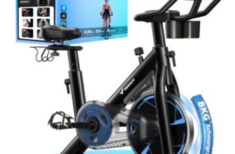 MERACH Heimtrainer Fahrrad mit Magnetischem Widerstand, Leises Hometrainer Fahrrad mit Verbesserter Stoßdämpfender Luftkissensattel, Eigener App, Stabiler H-Rahmen für besseren Halt, Bis 150KG