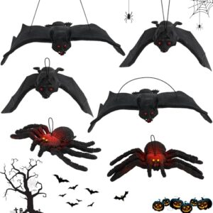 Halloween Deko Fledermaus Set 4 Stück Hängende 3D Fledermaus Deko und 2 Stück Spinne Hängend Gruselig Halloween Deko Realistisch Aussehende Gruselige Fledermäuse für Halloween Party Zubehör