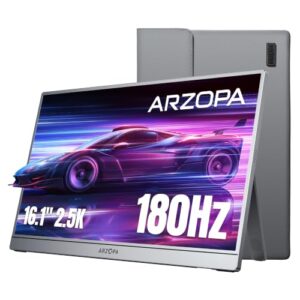 ARZOPA 16,1″ Tragbarer Monitor 2,5K 180 Hz Gaming Portable QHD 2560×1440 107% sRGB HDR10 Design mit integrierter Ständer-Funktion & Schutzhülle Kompatibel mit PS5, Xbox, Switch, PC, Mac-Z3FC Grau