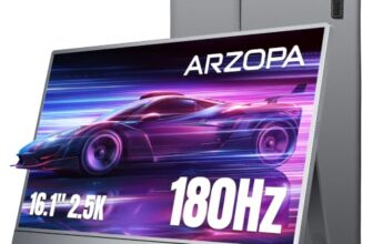 ARZOPA 16,1″ Tragbarer Monitor 2,5K 180 Hz Gaming Portable QHD 2560×1440 107% sRGB HDR10 Design mit integrierter Ständer-Funktion & Schutzhülle Kompatibel mit PS5, Xbox, Switch, PC, Mac-Z3FC Grau