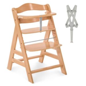 hauck Kinder Hochstuhl Alpha+, Mitwachsend ab 6 Monate, Buchenholz, Stabil & Sicher bis 90 kg, Inklusive 5-Punkt-Gurt, Schrittgurt und Schutzbügel, Kompatibel mit hauck Zubehör, Natur