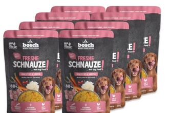 Bosch Freshe Schnauze, Huhn mit Reis und Karotten 8 x 250 g, Schonend Dampfgegartes Nassfutter für Hunde, Vollwertiges Alleinfuttermittel mit hohem Fleischgehalt, 8 x 250 g Hundenassfutter