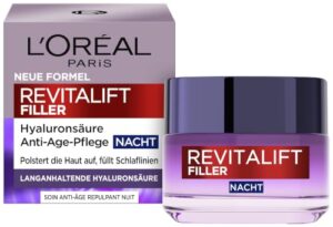 L’Oréal Paris Anti-Aging Nachtpflege: aufpolsternd und gegen Falten, Feuchtigkeitspflege mit Hyaluronsäure, feuchtigkeitsspendende & glättende Nachtcreme, Revitalift Filler, 1 x 50ml