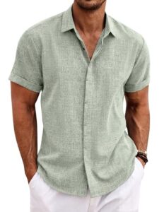 COOFANDY Herren Leinenhemd Sommer Casual Freizeithemd Kurzarm Button down Leinen Shirt Regular Fit Hemd Hellgrün XXL