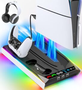 PS5/Slim/Pro Ständer für Disc & Digital, 3-stufiger Auto PS5 Lüfter und RGB LED mit PS5 Controller Ladestation für DualSense & Edge Controller