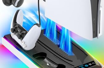 PS5/Slim/Pro Ständer für Disc & Digital, 3-stufiger Auto PS5 Lüfter und RGB LED mit PS5 Controller Ladestation für DualSense & Edge Controller