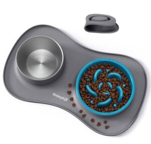 MateeyLife Hundenapf-Set 3-in-1, Anti Schling Napf Hund & Edelstahl-Wassernapf mit Anti-Rutsch-Silikonmatte, Katzen- und Welpennäpfe Futterschalen für kleine, mittelgroße und große Rassen 43.7×25.9 cm