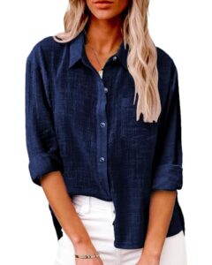 Friptspyg Bluse Damen Lässiges Langarm Hemdbluse Elegant Blusen & Tuniken für Damen V-Ausschnitt 100% Baumwolle Solide Sommer Oberteile mit Tasche, Marineblau L