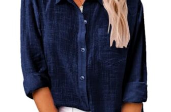 Friptspyg Bluse Damen Lässiges Langarm Hemdbluse Elegant Blusen & Tuniken für Damen V-Ausschnitt 100% Baumwolle Solide Sommer Oberteile mit Tasche, Marineblau L