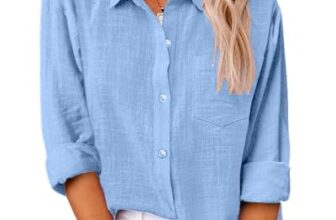 Friptspyg Bluse Damen Lässiges Langarm Hemdbluse Elegant Blusen & Tuniken für Damen V-Ausschnitt 100% Baumwolle Solide Sommer Oberteile mit Tasche, Himmelblau L