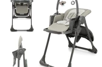 Kinderkraft TUMMIE Hochstuhl 2 in 1, Kinderhochstuhl, Babystuhl, Kombihochstuhl, ab den Ersten Lebensmonaten, Fußstütze, Halbliegende Position, Bezug aus PU, mit Spielzeugen, Grau
