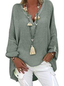 Tincini Leinenbluse Damen Bluse Sommer Tunika V-Ausschnitt Longbluse Große Größen Leinenhemd Blusenshirt Langarmshirt Leinen Baumwolle Hemd Oberteile Shirt (A Grün1, XXL)