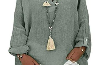 Tincini Leinenbluse Damen Bluse Sommer Tunika V-Ausschnitt Longbluse Große Größen Leinenhemd Blusenshirt Langarmshirt Leinen Baumwolle Hemd Oberteile Shirt (A Grün1, XXL)