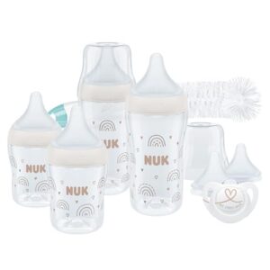 NUK Perfect Match Perfect Start Babyflaschenset | Ab 0 Monate | Passt sich dem Baby an | 4 Anti-Kolik-Babyflaschen, Schnuller, Flaschenbürste und mehr | 9 Stück