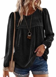 Enqoole Langarmshirt Damen Spitze T Shirt Elegant Oberteile Boho Tunika Top